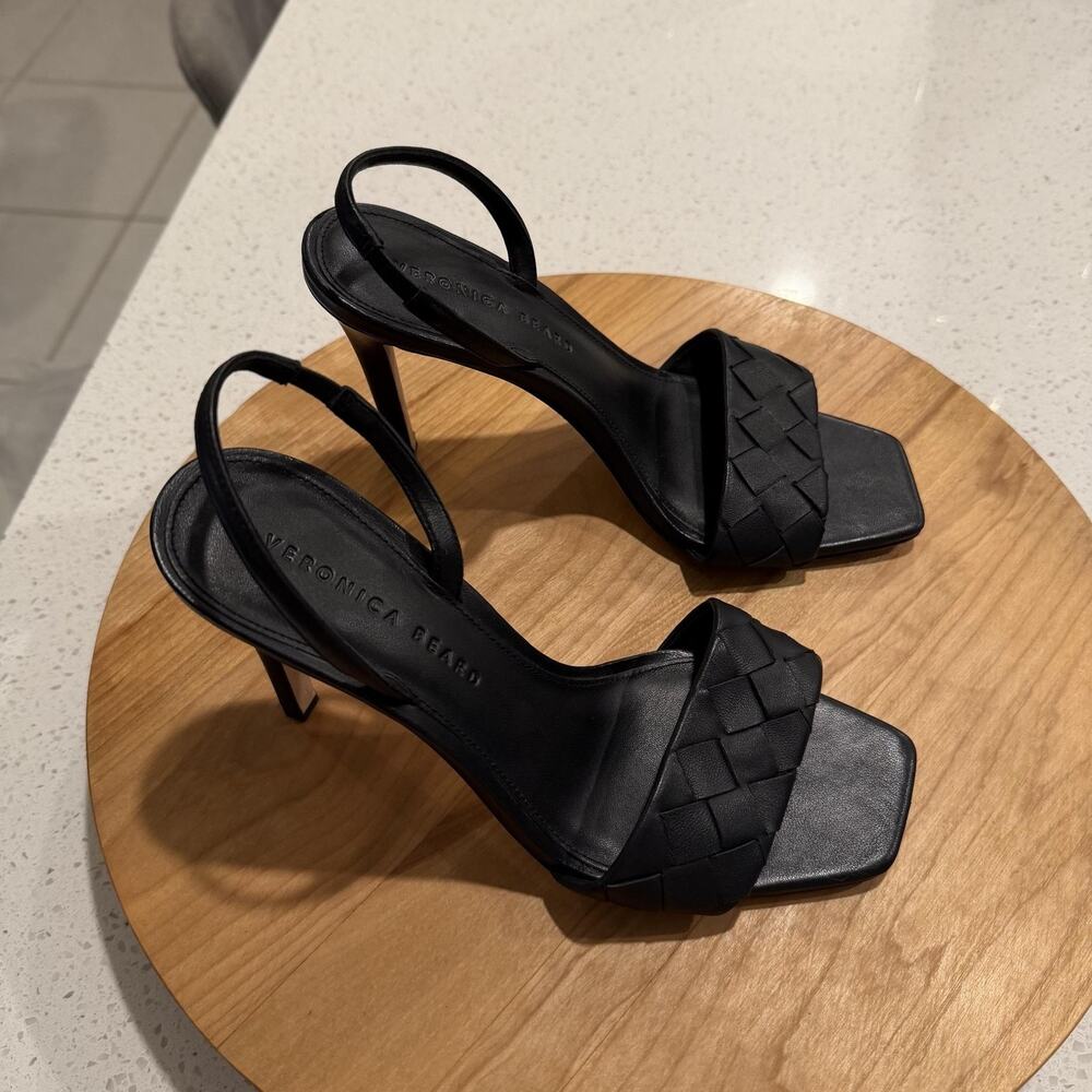 Veronica Beard Sandals 7.5 Augustina Slingback Heel Woven Leather Black Stiletto